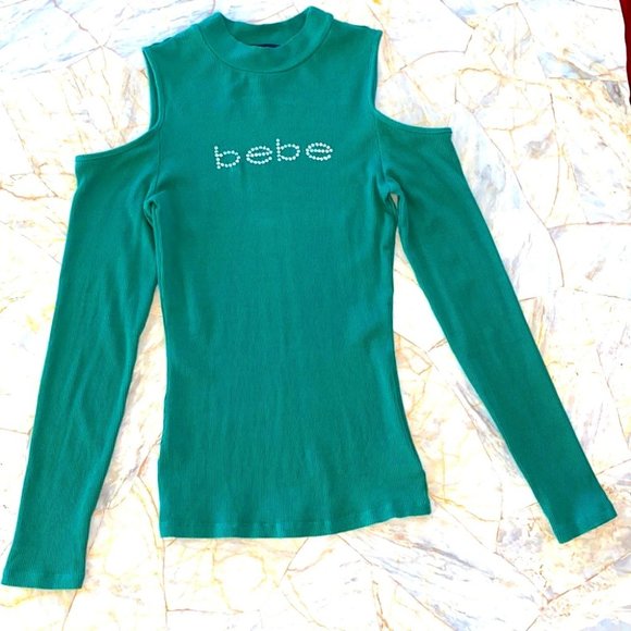 Bebe green Gorgeous Long Shirt Blouse Top Cold Shoulder Small - Picture 1 of 7